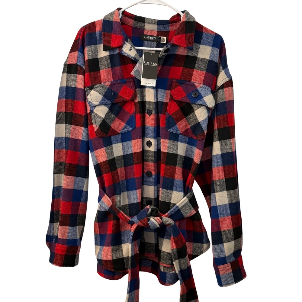 LAUREN Ralph Lauren Women's Plaid Wool Blend Shirt Jacket Belted XL Red‎ Blue